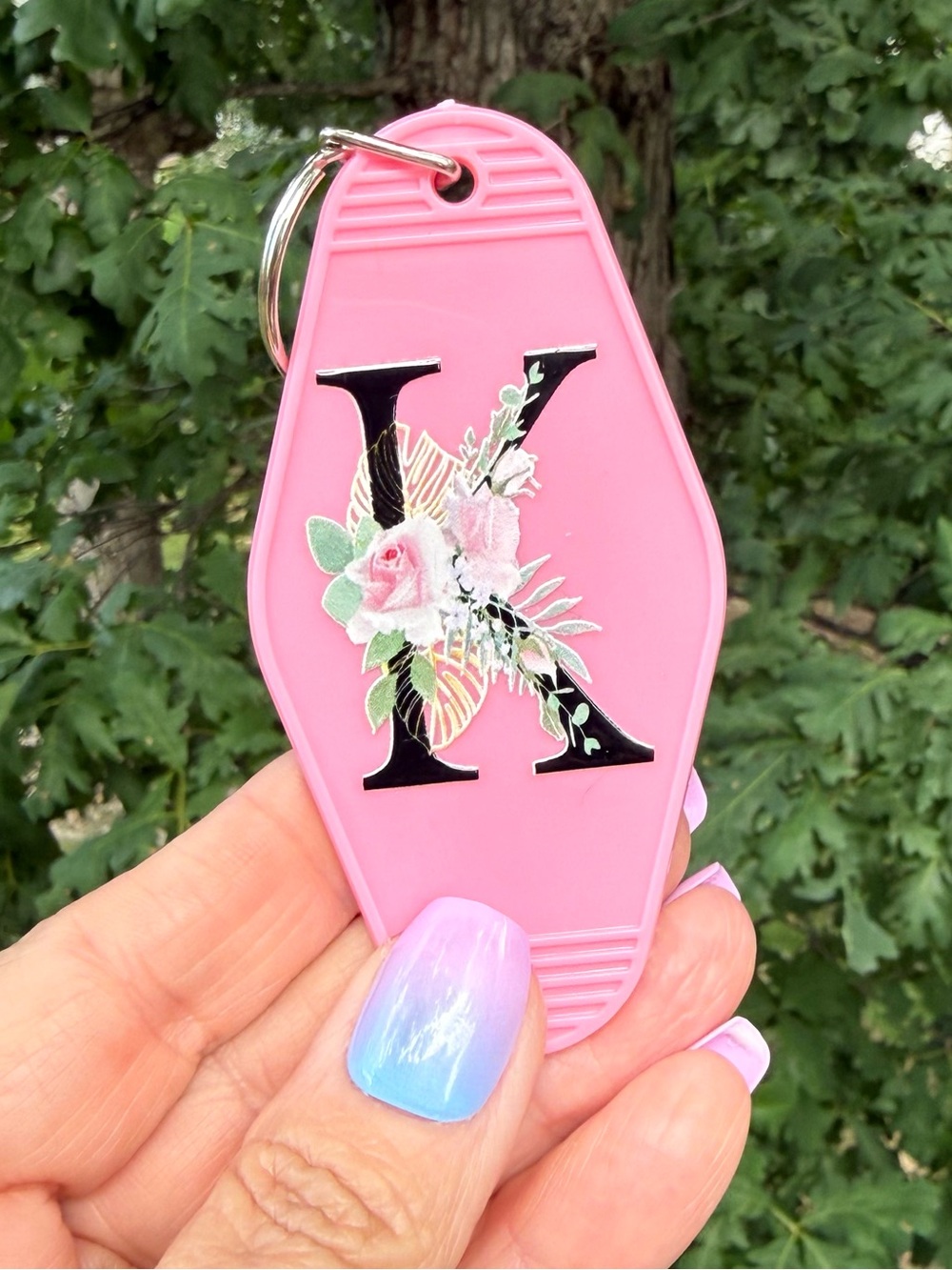Vintage style motel key 3.5” keychain pink floral initial K gift idea